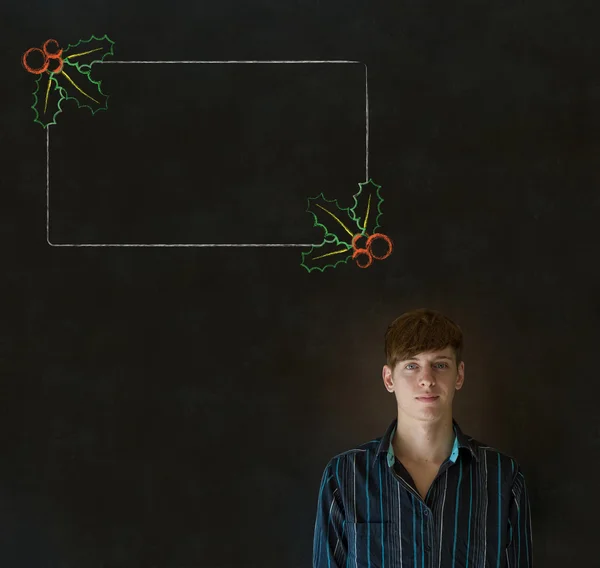 Man, student or teacher with Christmas holly menu to do checklist — Stock Photo, Image