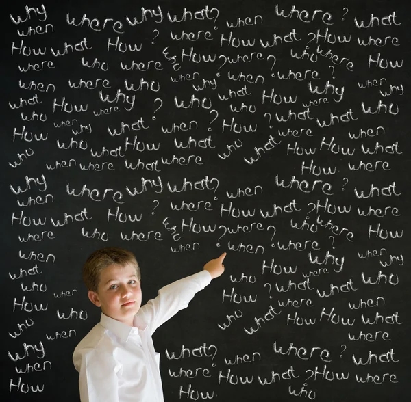 Pointing boy dressed as business man with chalk questions — Stock Photo, Image