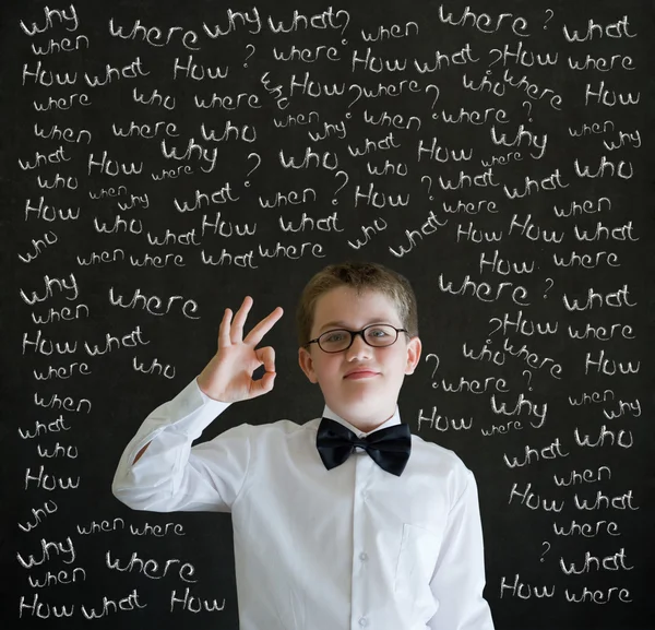 All ok boy dressed as business man with chalk questions — Stock Photo, Image