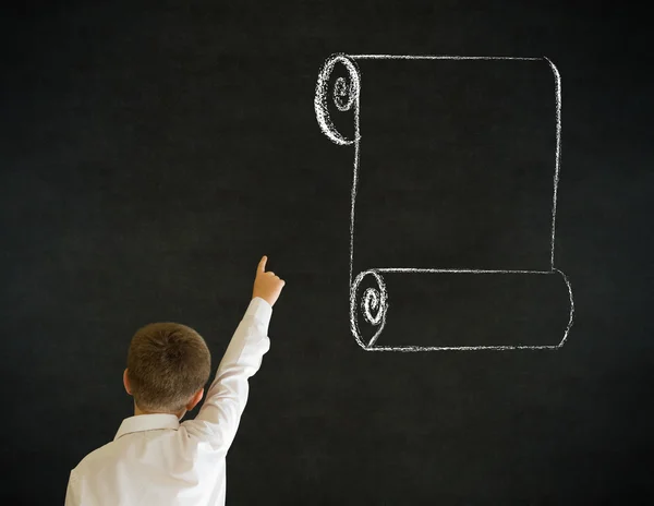 Hand up answer boy dressed as business man with chalk menu list — Stock Photo, Image