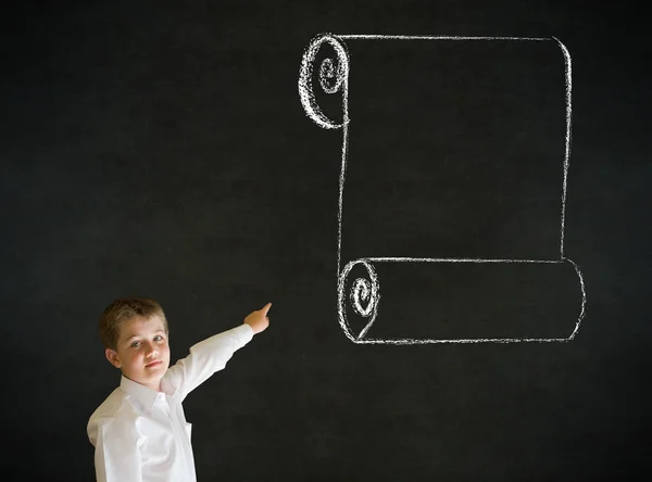 Pointing boy dressed as business man with chalk menu list — Stock Photo, Image