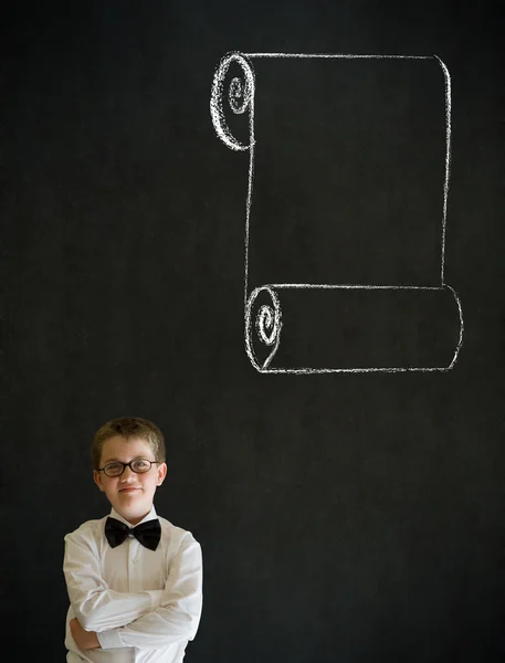 Ragazzo pensante vestito da uomo d'affari con lista menu gesso — Foto Stock