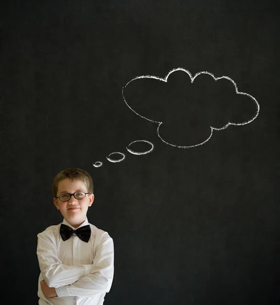 Thinking boy dressed as business man with thought thinking chalk cloud — Stock Photo, Image