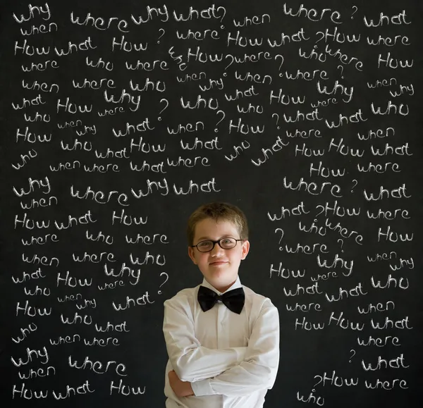 Thinking boy dressed up as business man with chalk questions — Stock Photo, Image