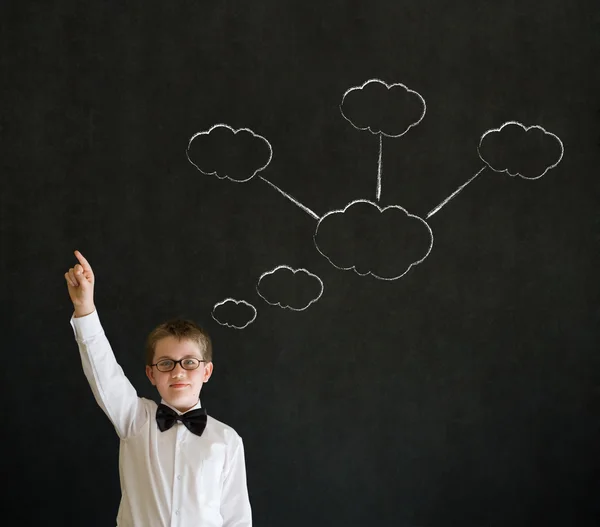 Hand up answer boy dressed as business man with strategy thought chalk clouds — Stock Photo, Image