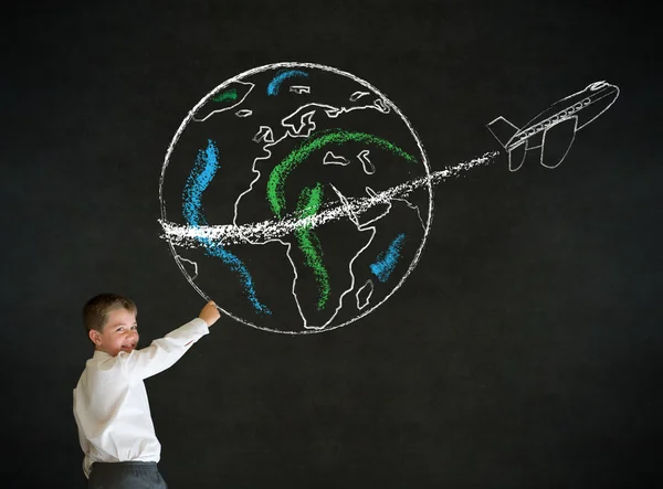 Writing boy dressed as business man with chalk globe jet — Stock Photo, Image