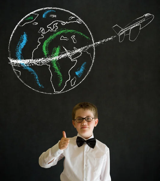 Thumbs up boy dressed as business man with chalk globe jet — Stock Photo, Image