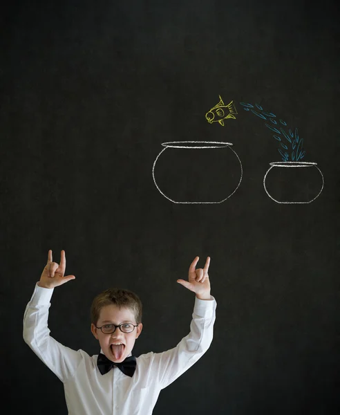 Knowledge rocks boy dressed as business man with chalk fish jump bowl — Stock Photo, Image