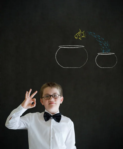 All ok boy dressed as business man with chalk fish jump bowl — Stock Photo, Image