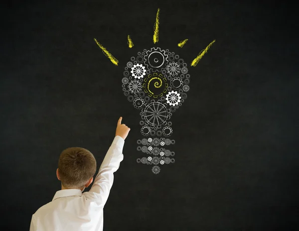 Hand up answer boy dressed as business man with bright idea gear cog lightbulb — Stock Photo, Image