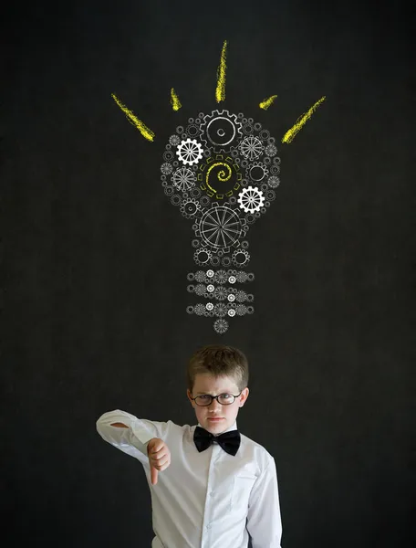 Thumbs down boy dressed as business man with bright idea gear cog lightbulb — Stock Photo, Image