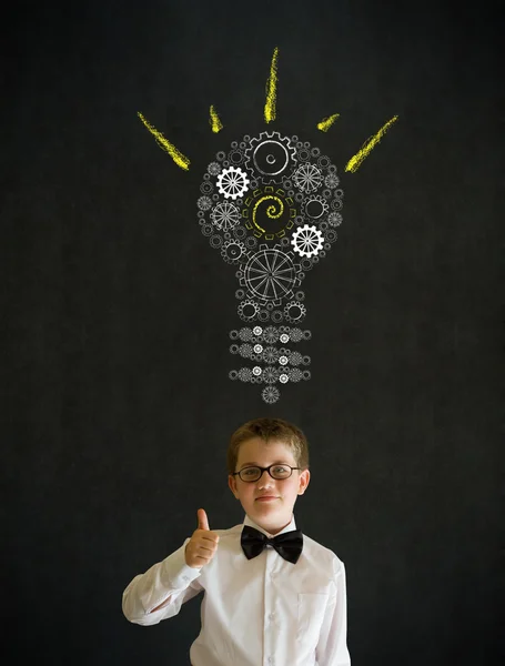 Thumbs up boy dressed as business man with bright idea gear cog lightbulb — Stock Photo, Image