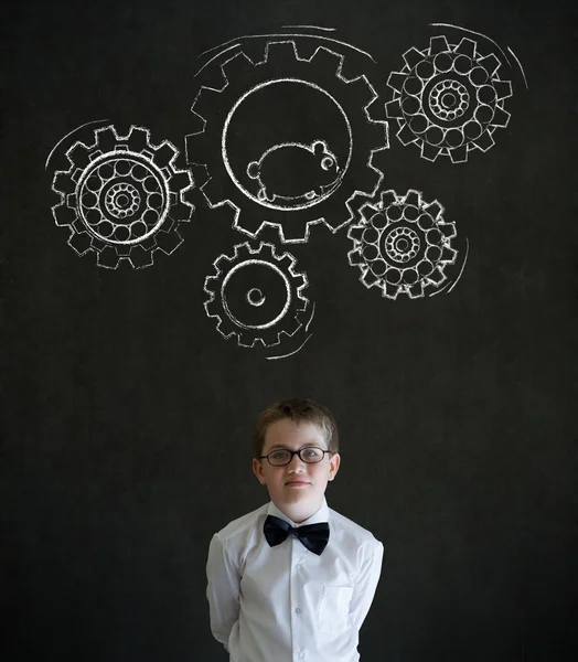 Denken jongen verkleed als zakenman met krijt draaien versnelling tandwielen en lopende hamster — Stockfoto