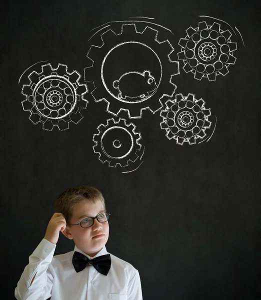 Scratching head thinking boy dressed as business man with chalk turning gear cogs and running hamster — Stock Photo, Image