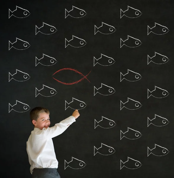 Writing boy business man with independent Jesus, God, Christianity fish — Stock Photo, Image