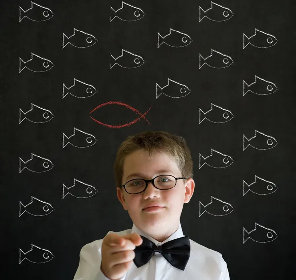 Utbildning behöver du tänka pojke affärsman med oberoende jesus, Gud, kristendomen fisk — Stockfoto