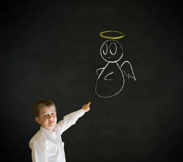 Pointing boy business man with chalk angel on shoulder — Stock Photo, Image