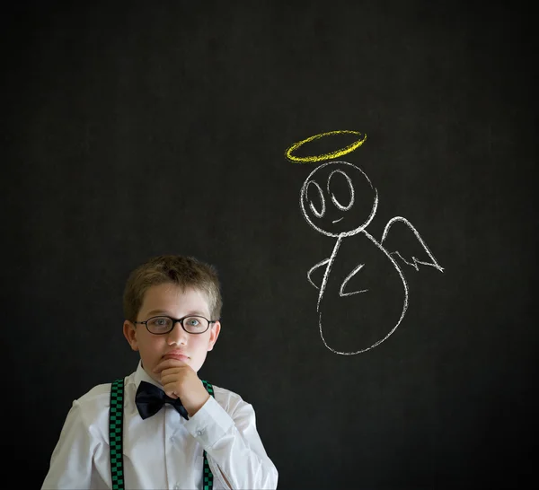 Thinking boy business man with chalk angel on shoulder — Stock Photo, Image