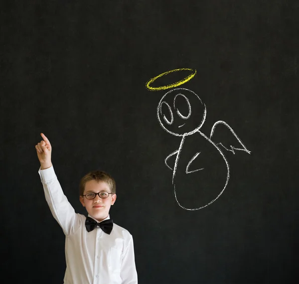 Hand up answer boy business man with chalk angel on shoulder — Stock Photo, Image
