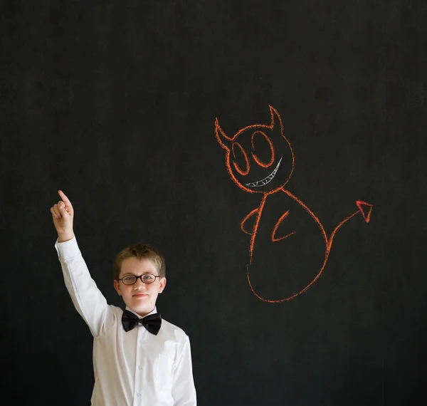 Hand up answer boy business man with chalk devil on shoulder — Stock Photo, Image