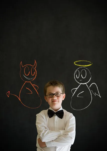 Thinking boy business man with chalk angel and devil on shoulder — Stock Photo, Image