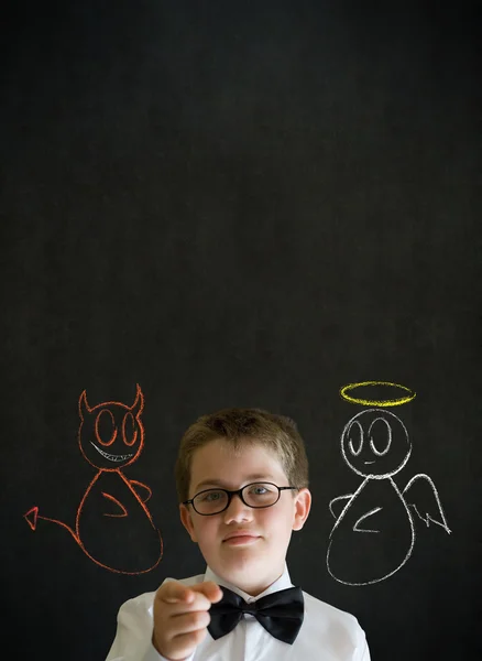 Education needs you thinking boy business man with chalk angel and devil on shoulder — Stock Photo, Image