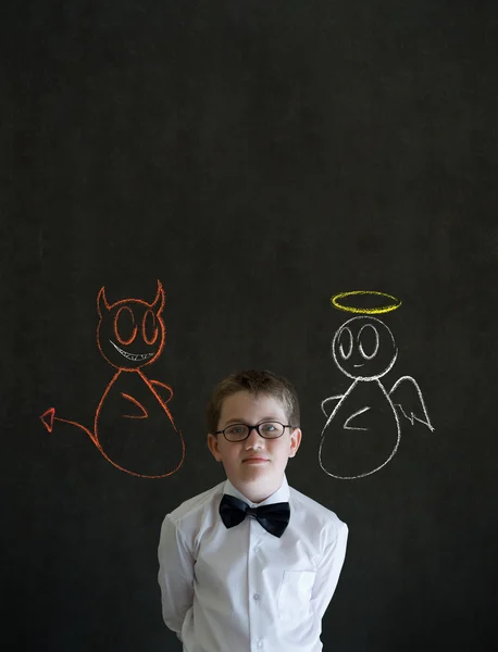 Thinking boy business man with chalk angel and devil on shoulder — Stock Photo, Image