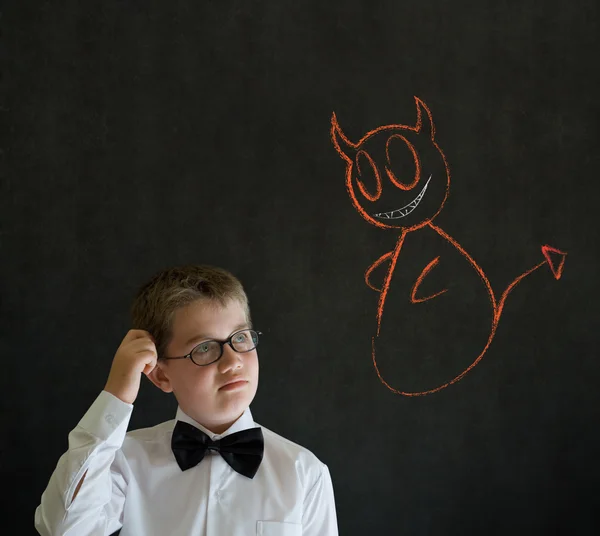 Scratching head thinking boy business man with chalk devil on shoulder — Stock Photo, Image
