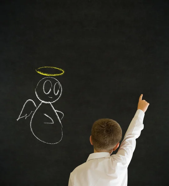 Hand up answer boy business man with chalk angel on shoulder — Stock Photo, Image