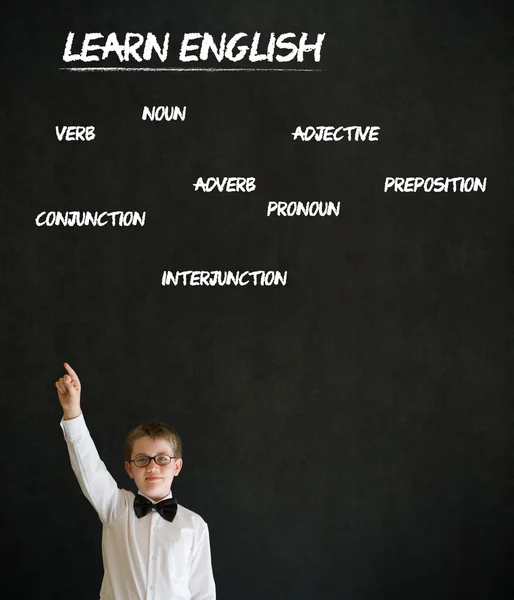 Hand up answer boy business man with learn English background — Stock Photo, Image