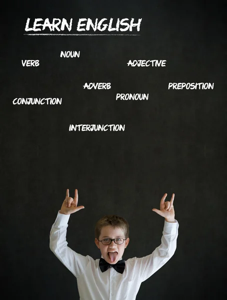 Knowledge rocks boy business man with learn English background — Stock Photo, Image