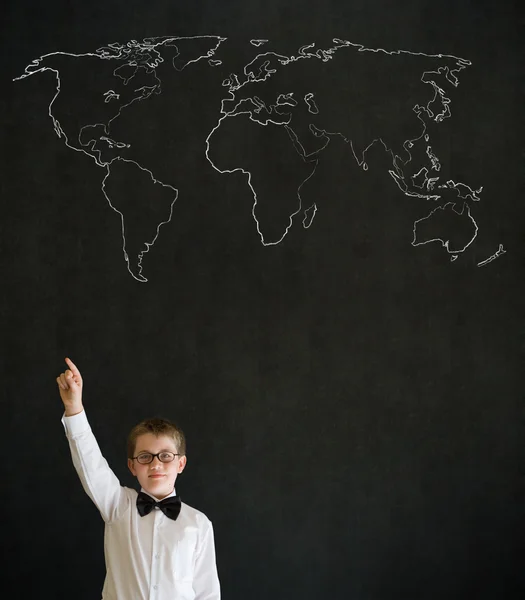 Hand up answer boy business man with chalk geography world map — Stock Photo, Image