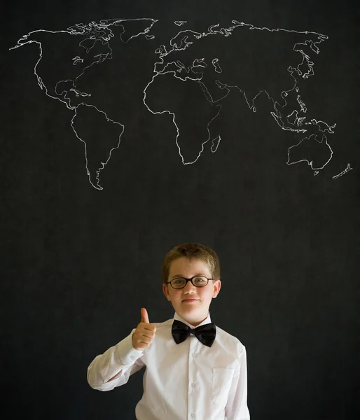 Thumbs up boy business man with chalk geography world map — Stock Photo, Image