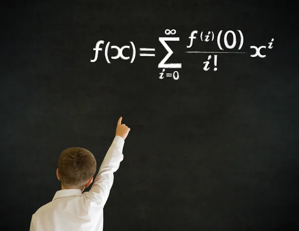 Hand auf Antwort Junge Geschäftsmann mit Mathe-Gleichung — Stockfoto