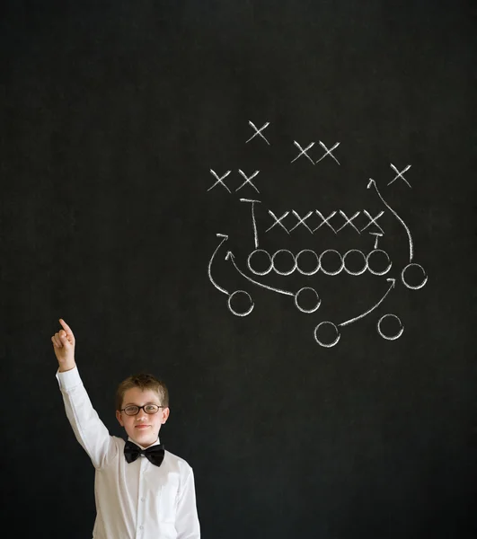 Hand up answer boy business man with chalk American football strategy — Stock Photo, Image