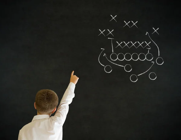 Hand up answer boy business man with chalk American football strategy — Stock Photo, Image