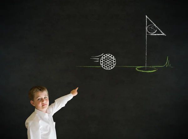 Pointing boy business man with chalk golf ball flag green — Stock Photo, Image