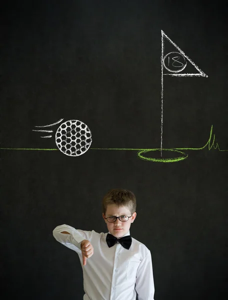 Daumen nach unten Junge Geschäftsmann mit Kreide Golfball Flagge grün — Stockfoto