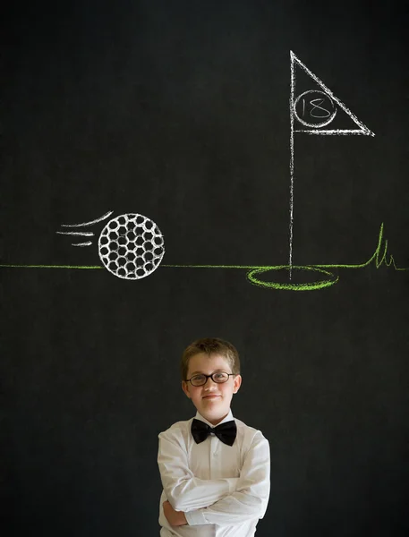 思考チョーク ゴルフ ボール フラグを持つ少年ビジネス男緑 — ストック写真