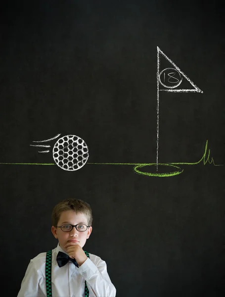 Jongen zakenman met krijt golf bal vlag groen denken — Stockfoto