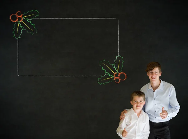 Thumbs up boy business man and teacher with Christmas holly checklist — Stock Photo, Image