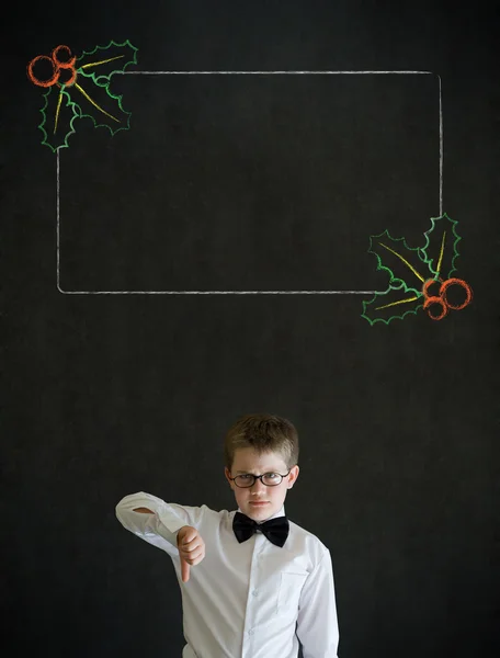 Polegares para baixo menino homem de negócios com Natal azevinho checklist — Fotografia de Stock