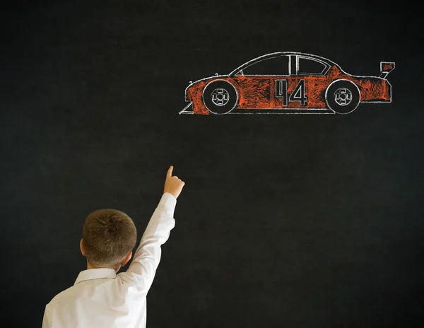 Hand up answer boy business man with Nascar racing fan car — Stock Photo, Image