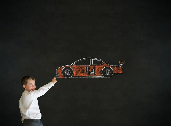 Writing boy business man with Nascar racing fan car — Stock Photo, Image