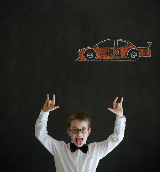 Knowledge rocks boy business man with Nascar racing fan car — Stock Photo, Image