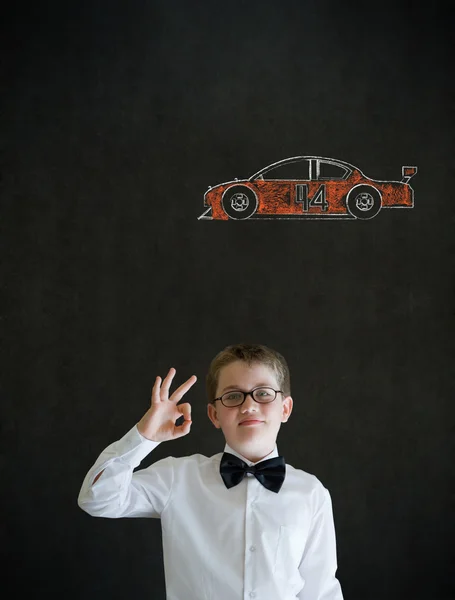 Allt ok pojke affärsman med nascar racing fan bil — Stockfoto