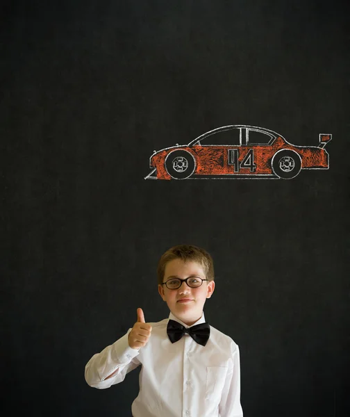 Thumbs up boy business man with Nascar racing fan car — Stockfoto
