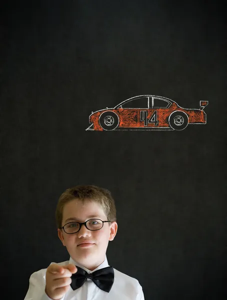 Education needs you thinking boy business man with Nascar racing fan car — Stock Photo, Image