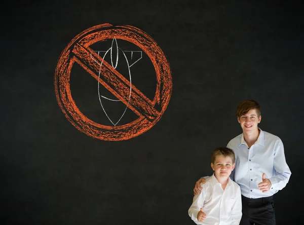 Thumbs up boy business man and teacher with no bombs war pacifist sign — Stock Photo, Image