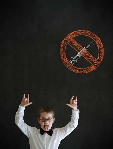 Knowledge rocks boy business man with no drugs needle sign — Stock Photo, Image